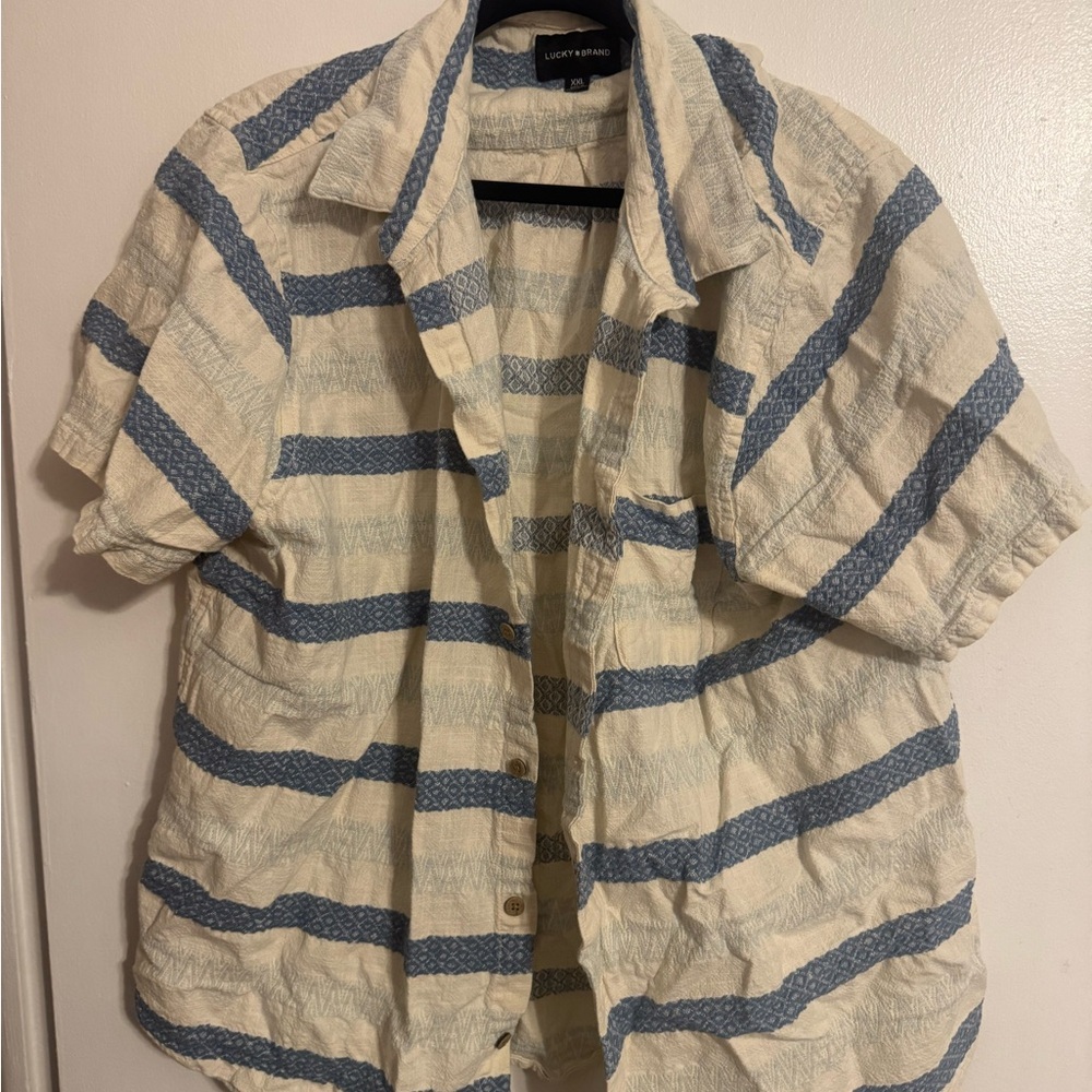 Lucky Brand Men’s Cream & Blue Stripe Short Sleeve Button-Down Shirt XXL